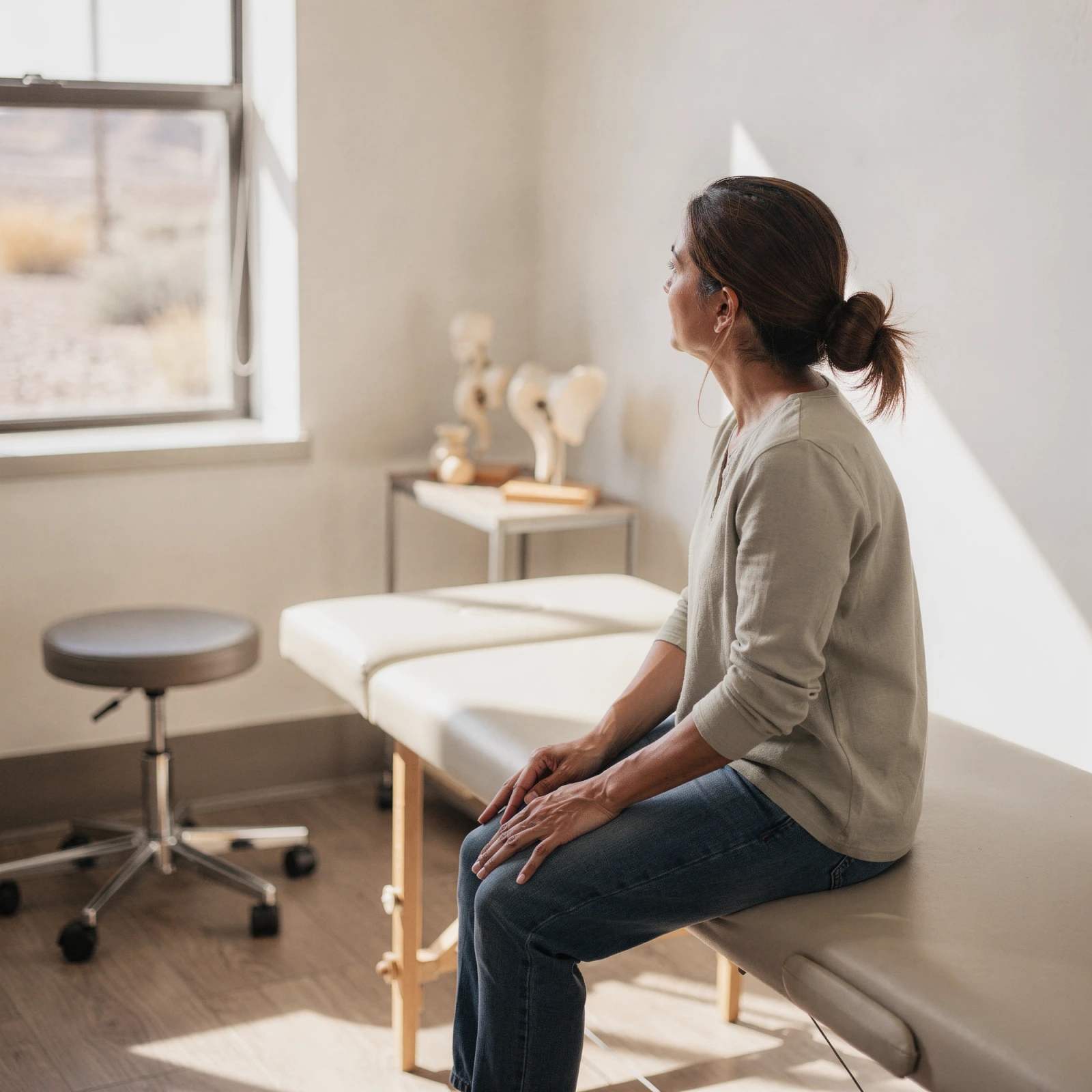 Patient sitting on examination table in bright orthopedic clinic room with anatomical models visible
